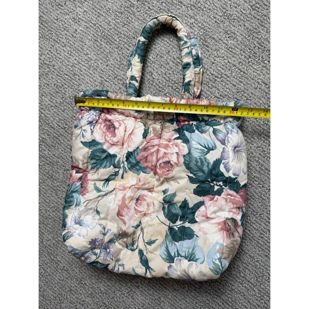 Vintage Tote Folks Floral Quilted Handbag Pink Green Cottagecore Flex Frame